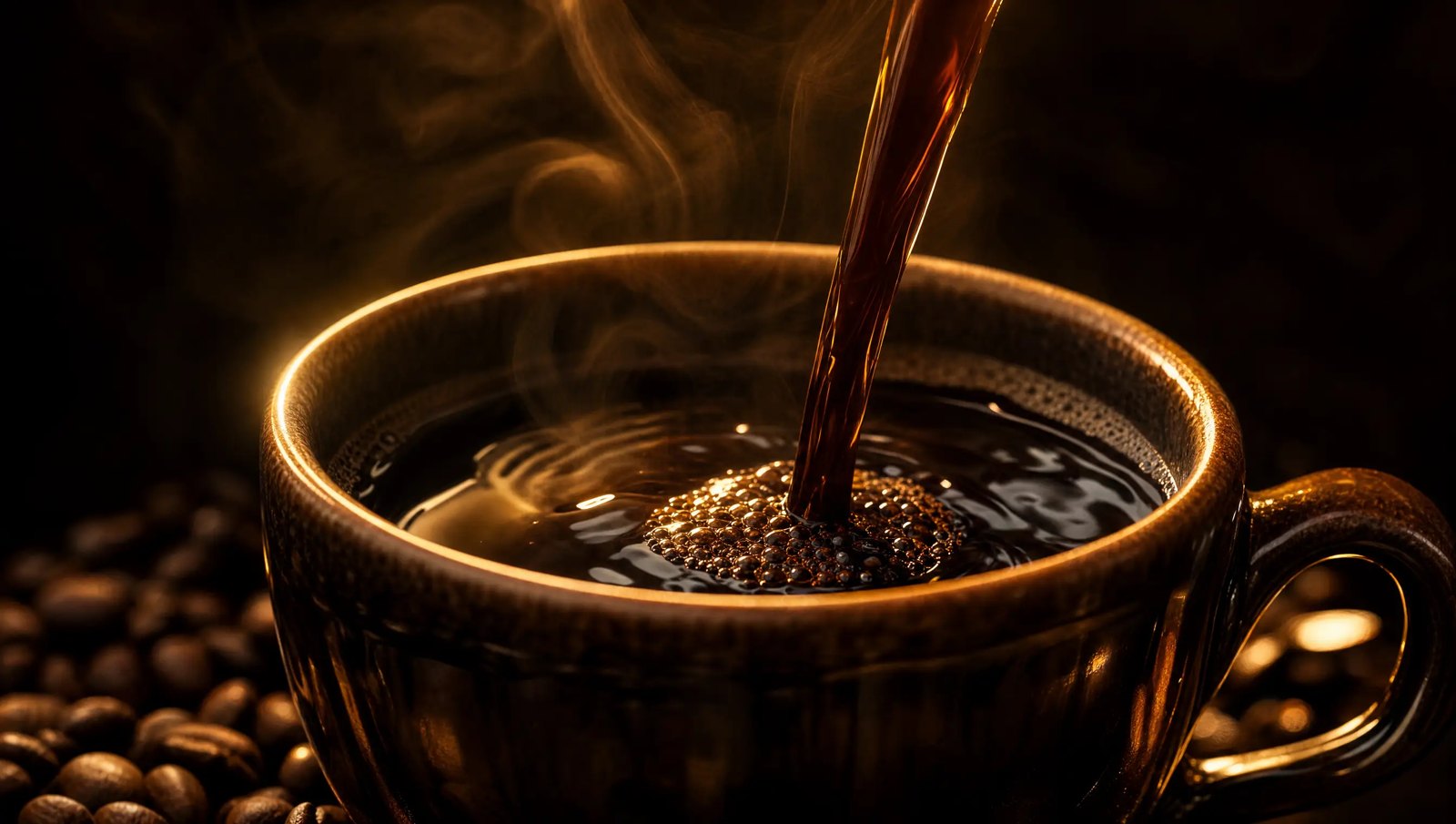 Café recién vertido con vapor